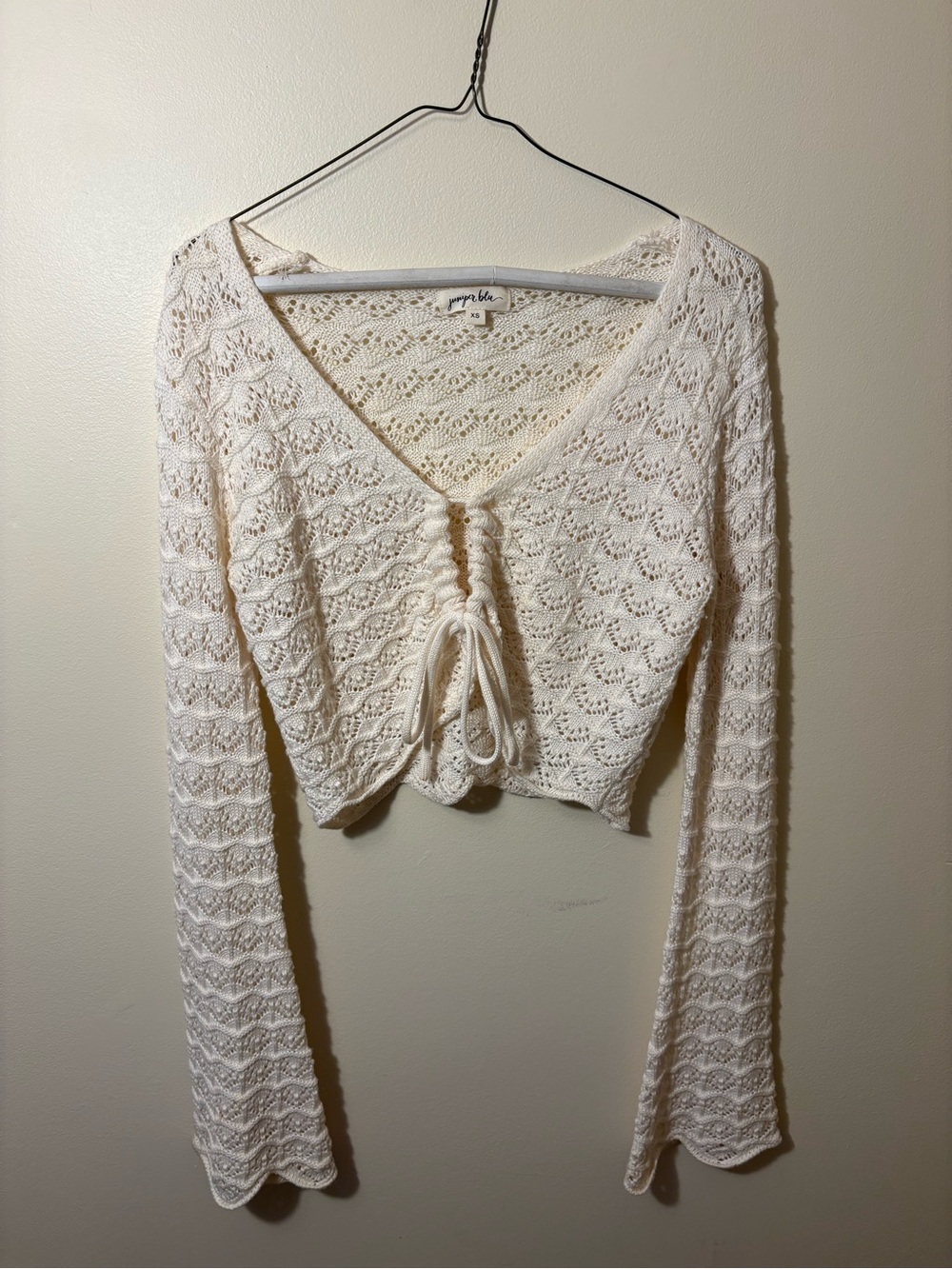 Juniper Blu Cream Crochet Tie-Front Long Sleeve Top